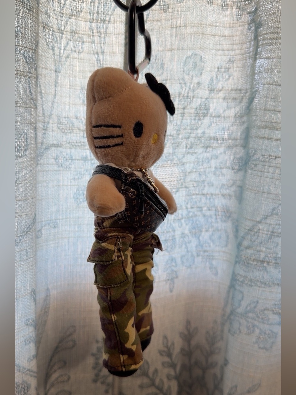 Hello Kitty Tan Plush Keychain with Black Bow and Camo Pants - Picture 3 of 4